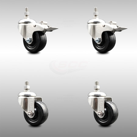 Service Caster 3 Inch 316SS Hard Rubber Swivel 10mm Threaded Stem Caster Lock Brake, 2PK SCC-SS316TSTTL20S314-HRS-M1015-2-S2